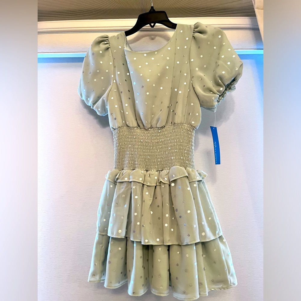 NWT Girls Size 12 Habitual frilly dress with silver polka dots.